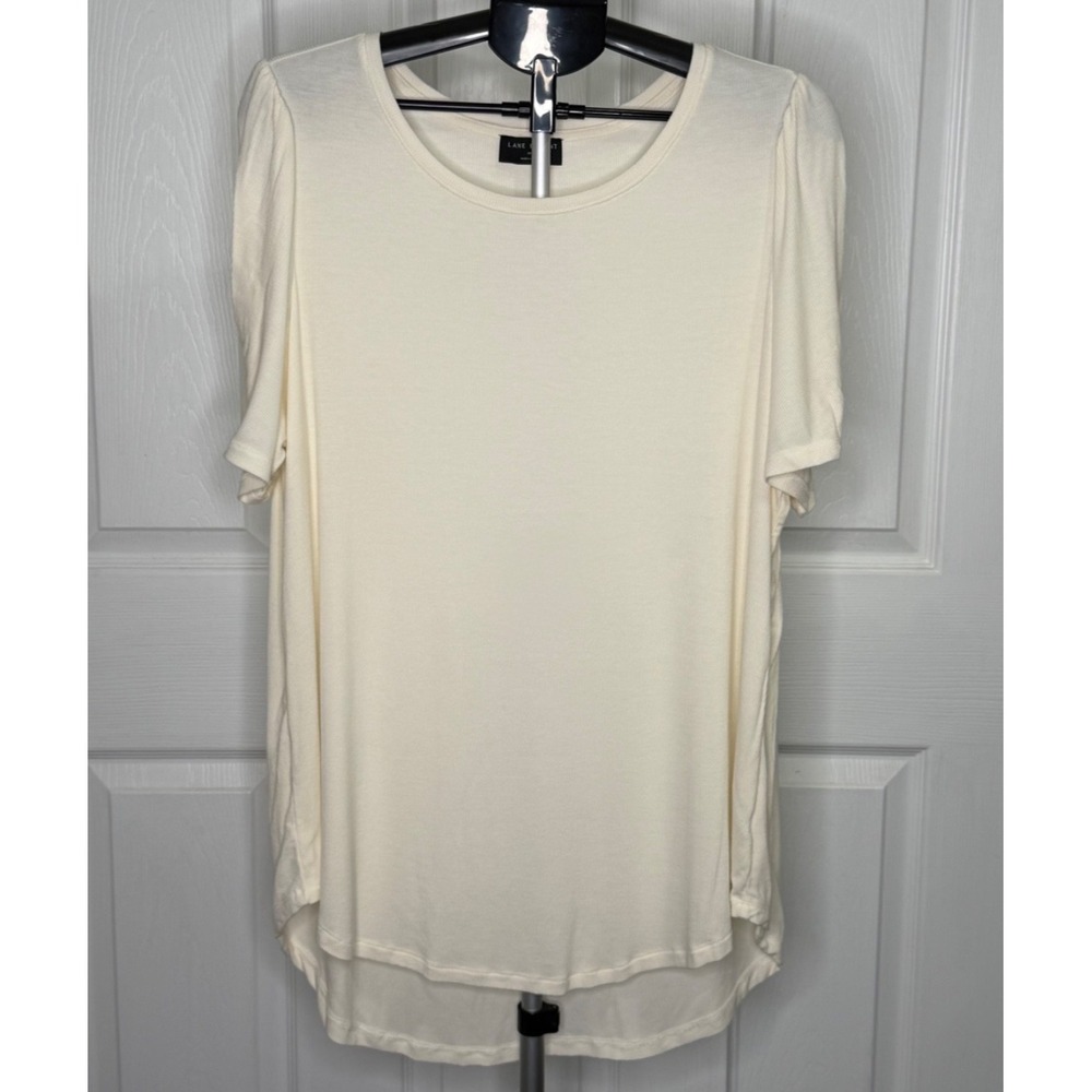 Lane Bryant Womens 18/20 Ivory Ribbed Tunic Top High Low Short Sleeve Stretch